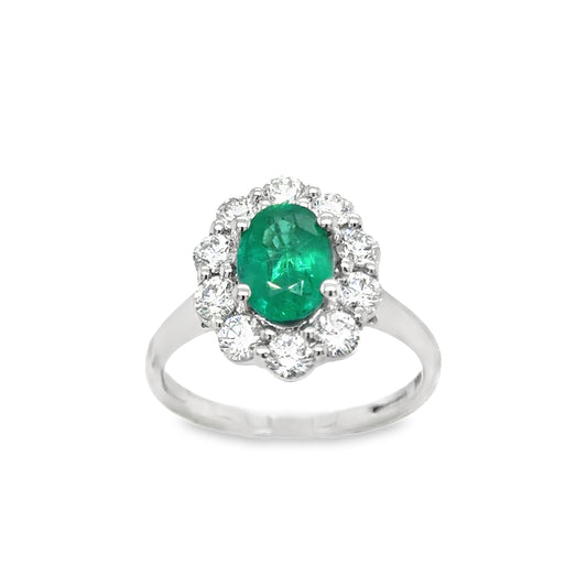 18ct White Gold Oval Emerald and Diamond Cluster Ring 1.15ct