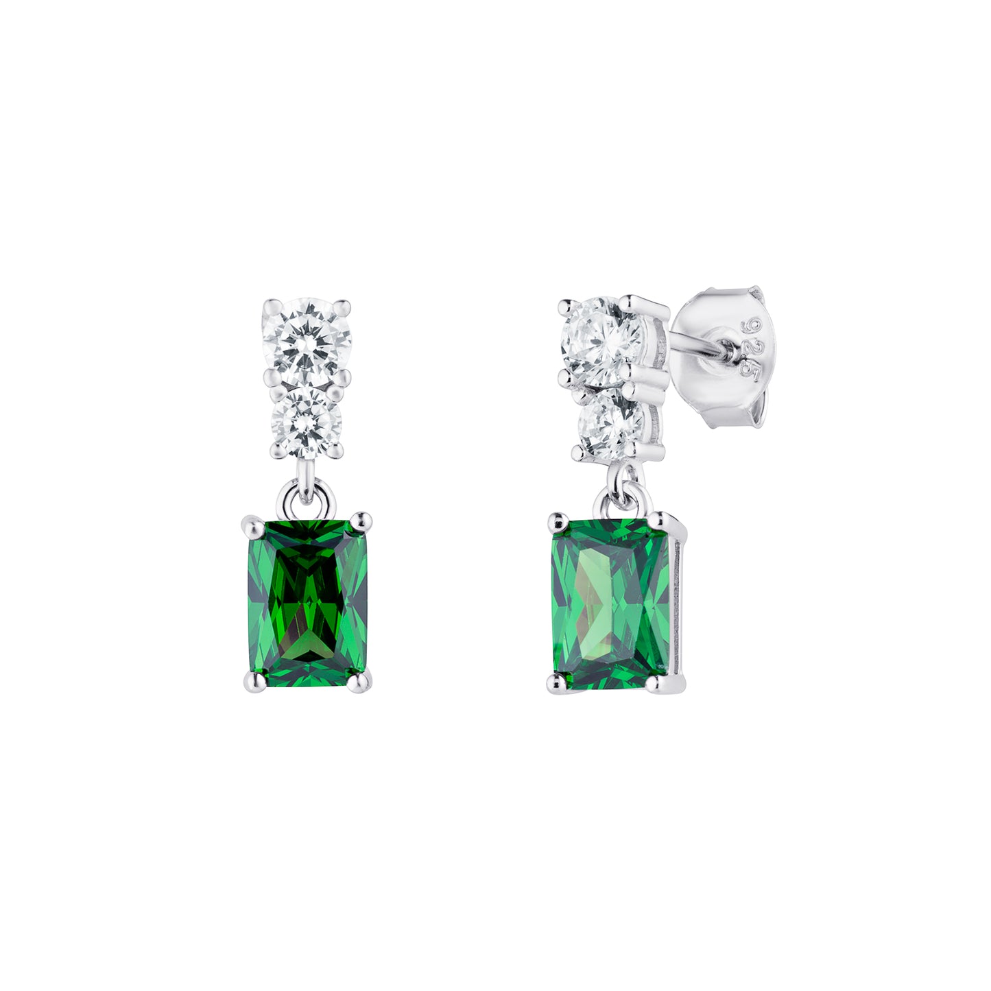 Sterling Silver Round CZ and Emerald Cut Green CZ Drop Earrings