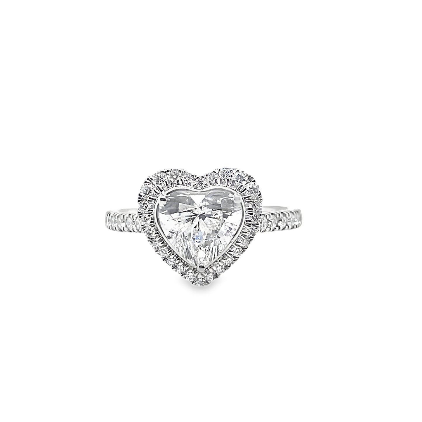 Platinum Heart Solitaire Cultured Diamond Ring with Cultured Diamond Set Halo and Shoulders 2.00ct