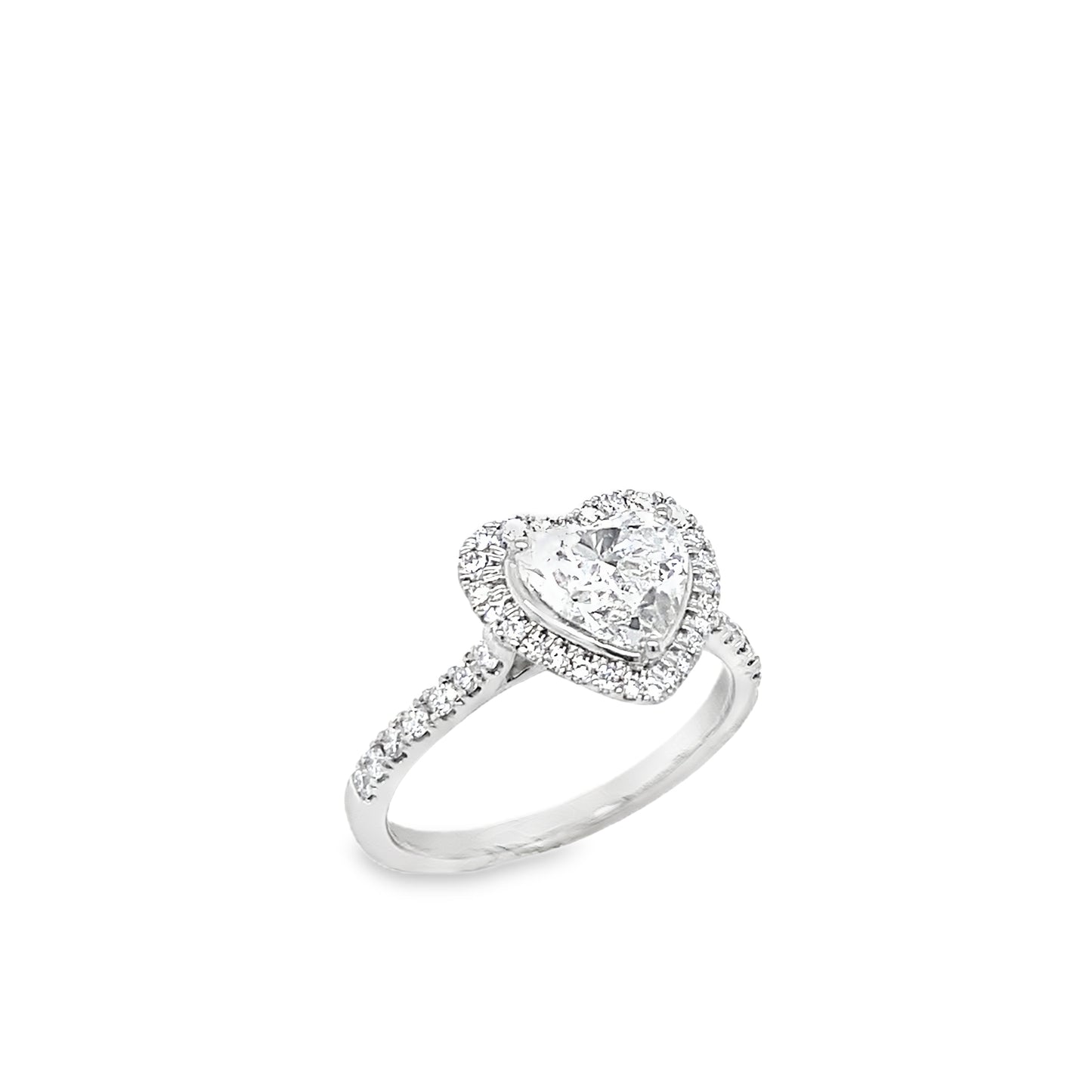Platinum Heart Solitaire Cultured Diamond Ring with Cultured Diamond Set Halo and Shoulders 2.00ct