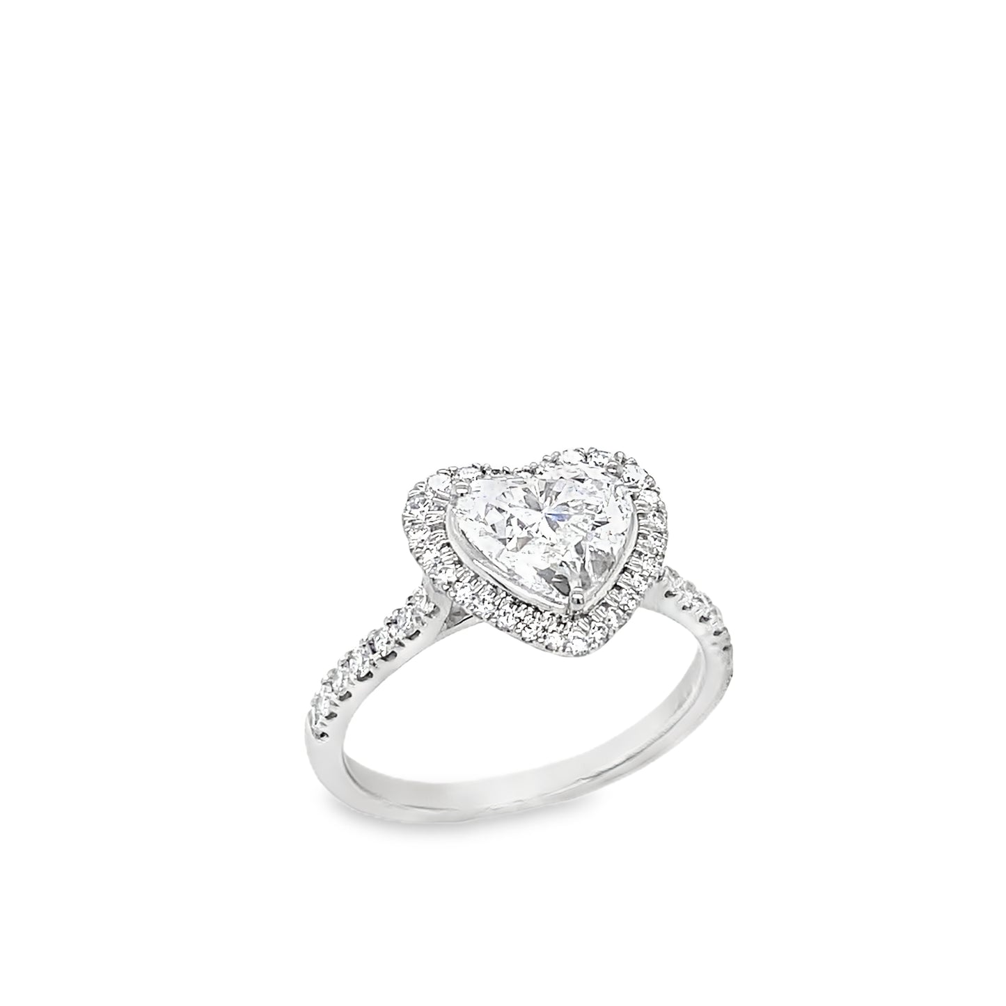 Platinum Heart Solitaire Cultured Diamond Ring with Cultured Diamond Set Halo and Shoulders 2.00ct