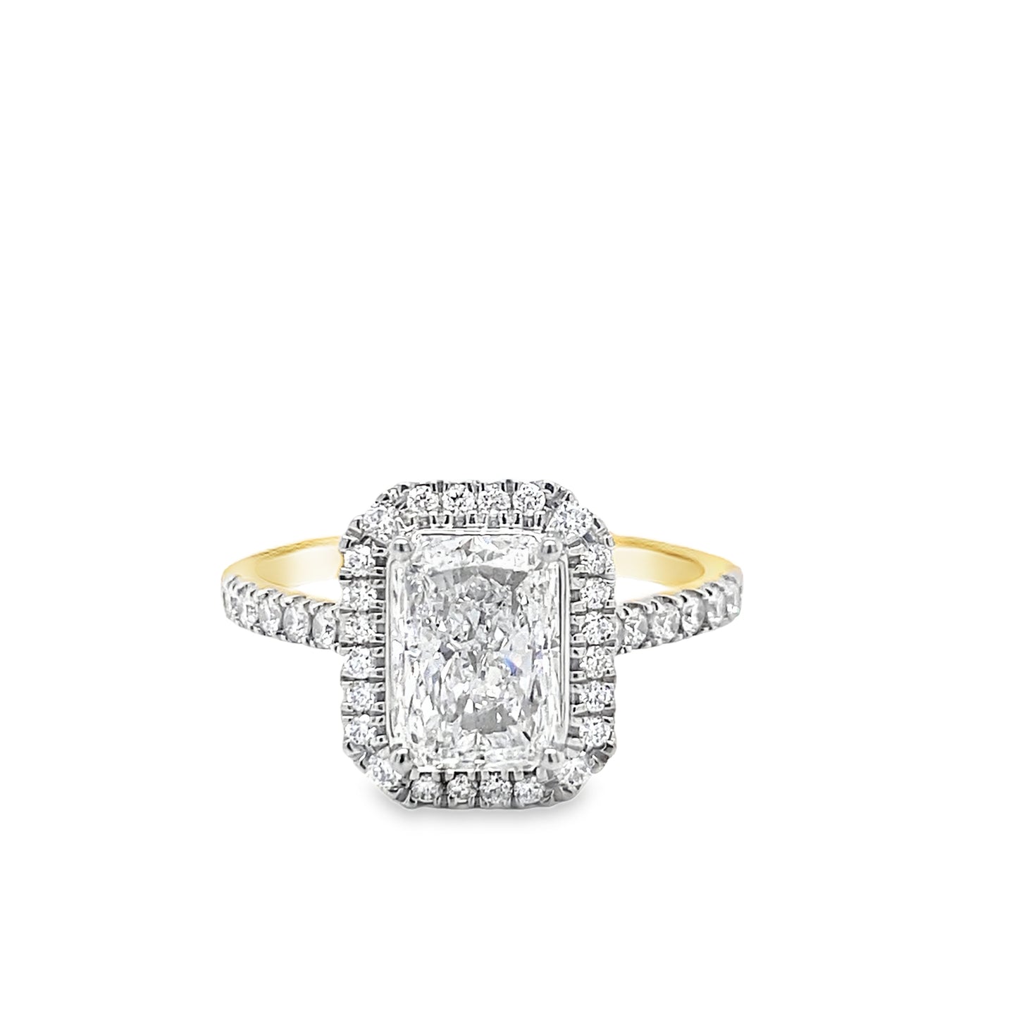 18ct Radiant Cut Solitaire Cultured Diamond Ring with Cultured Diamond Set Halo and Shoulders 1.88ct