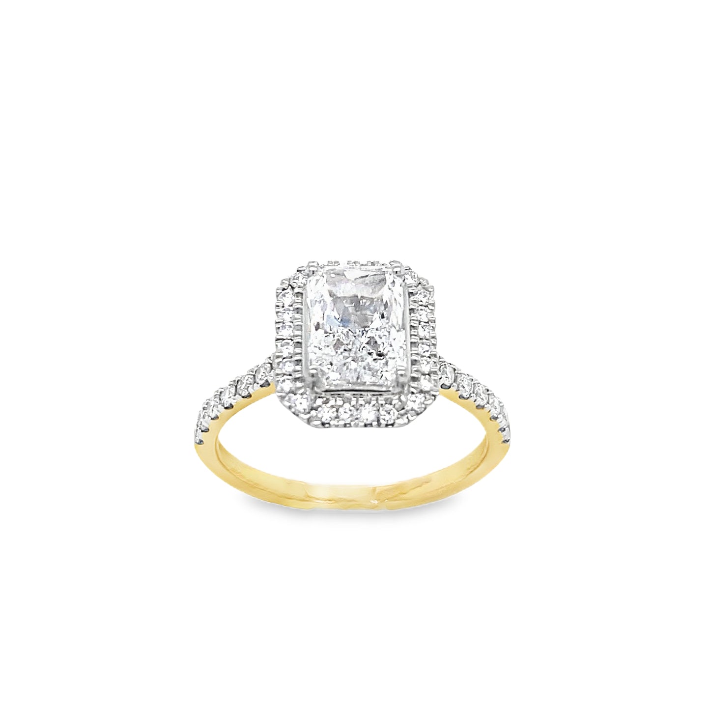 18ct Radiant Cut Solitaire Cultured Diamond Ring with Cultured Diamond Set Halo and Shoulders 1.88ct