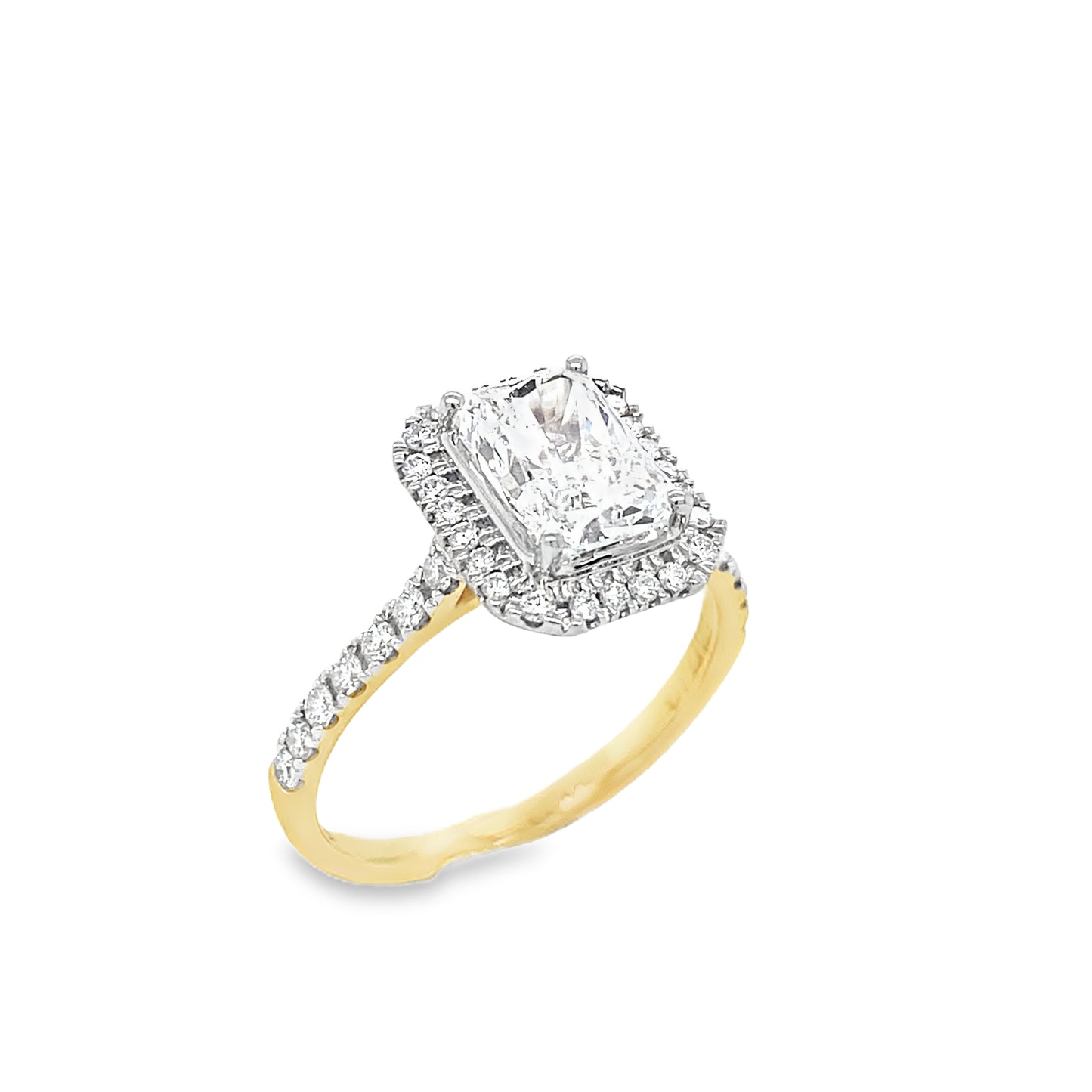 18ct Radiant Cut Solitaire Cultured Diamond Ring with Cultured Diamond Set Halo and Shoulders 1.88ct