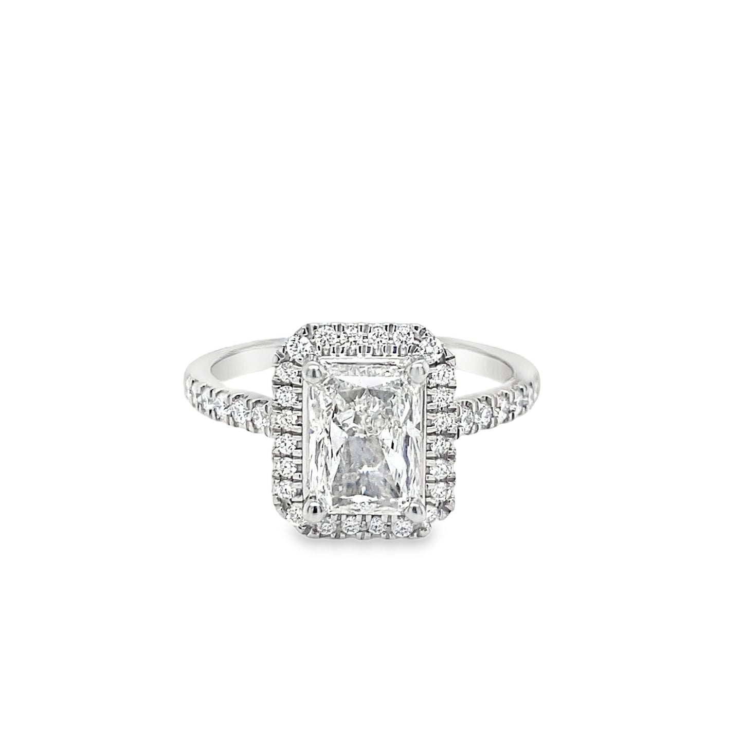Platinum Radiant Cut Solitaire Cultured Diamond Ring with Cultured Diamond Halo and Shoulders 1.95ct