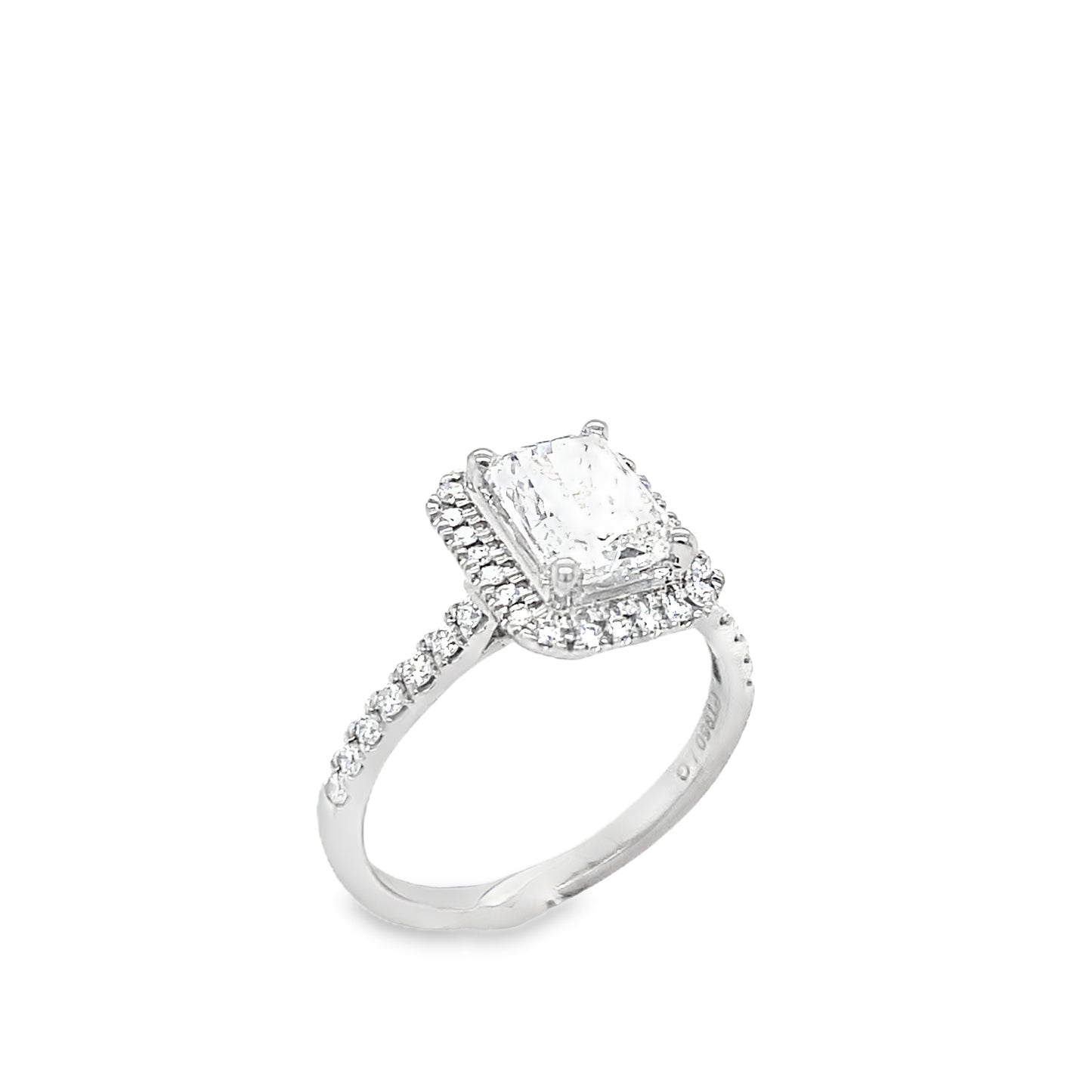 Platinum Radiant Cut Solitaire Cultured Diamond Ring with Cultured Diamond Halo and Shoulders 1.95ct