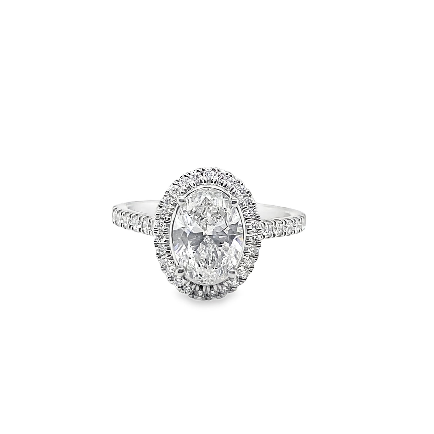 Platinum Emerald Cut Solitaire Cultured Diamond Ring with Cultured Diamond Halo and Shoulders 1.88ct