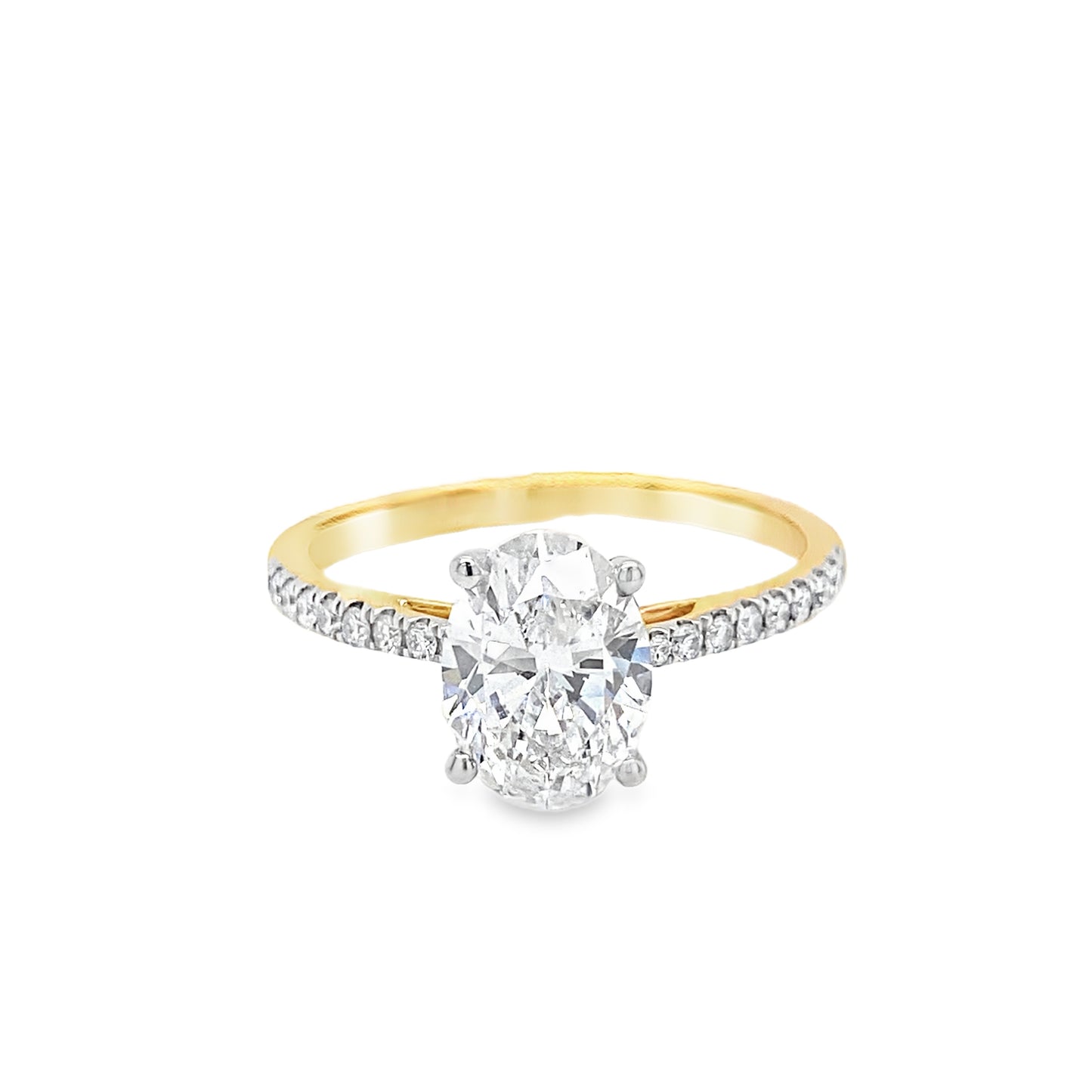 18ct Yellow Gold Oval Solitaire Cultured Diamond Ring with Cultured Diamond Set Shoulders 1.72ct