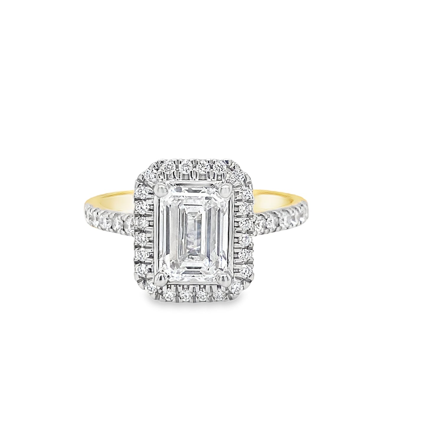 18ct Emerald Cut Halo Cultured Diamond Ring With Shoulders 1.86ct