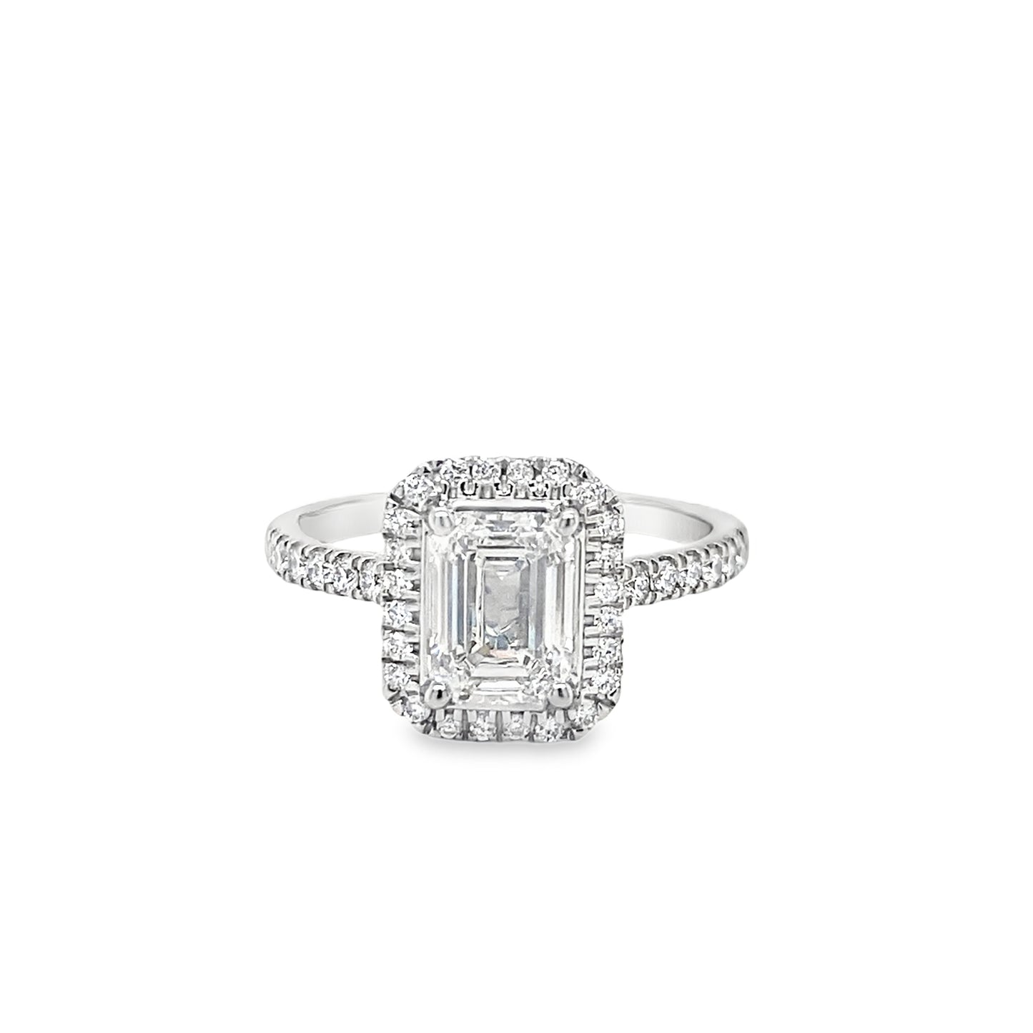 Platinum Emerald Cut Halo Cultured Diamond Ring With Shoulders 1.87ct