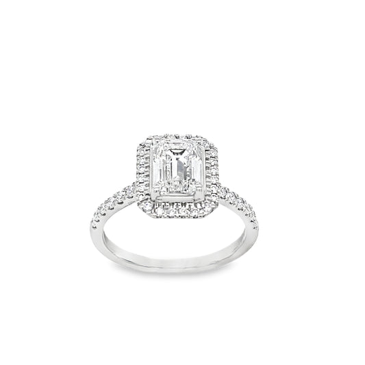 Platinum Emerald Cut Halo Cultured Diamond Ring With Shoulders 1.87ct