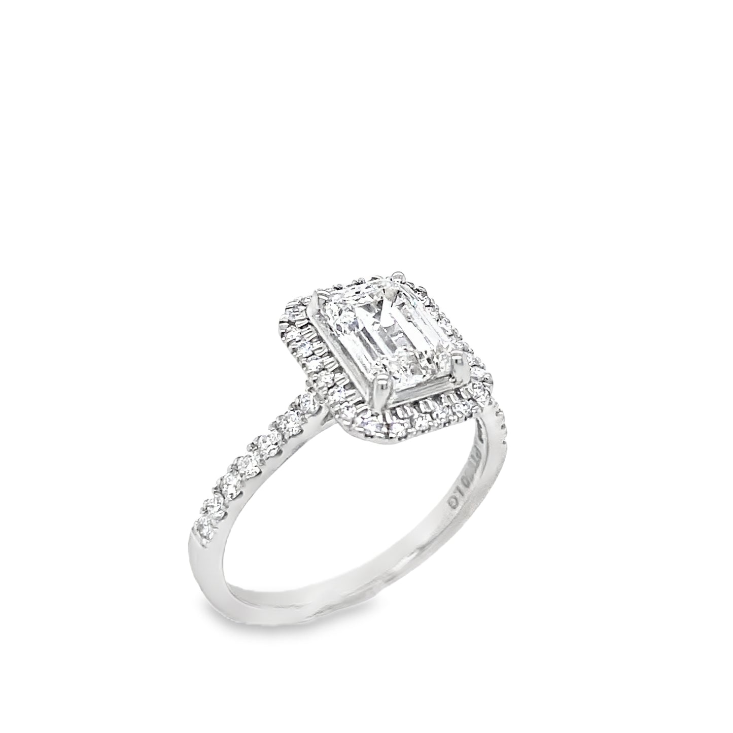 Platinum Emerald Cut Halo Cultured Diamond Ring With Shoulders 1.87ct