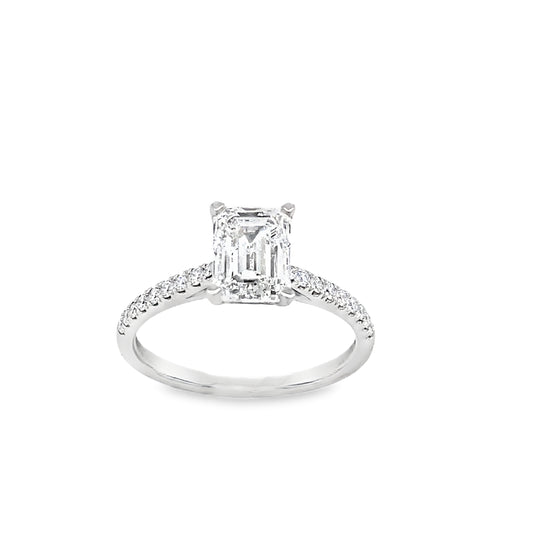 Platinum Emerald Cut Solitaire Cultured Diamond Ring With Shoulders 1.77ct