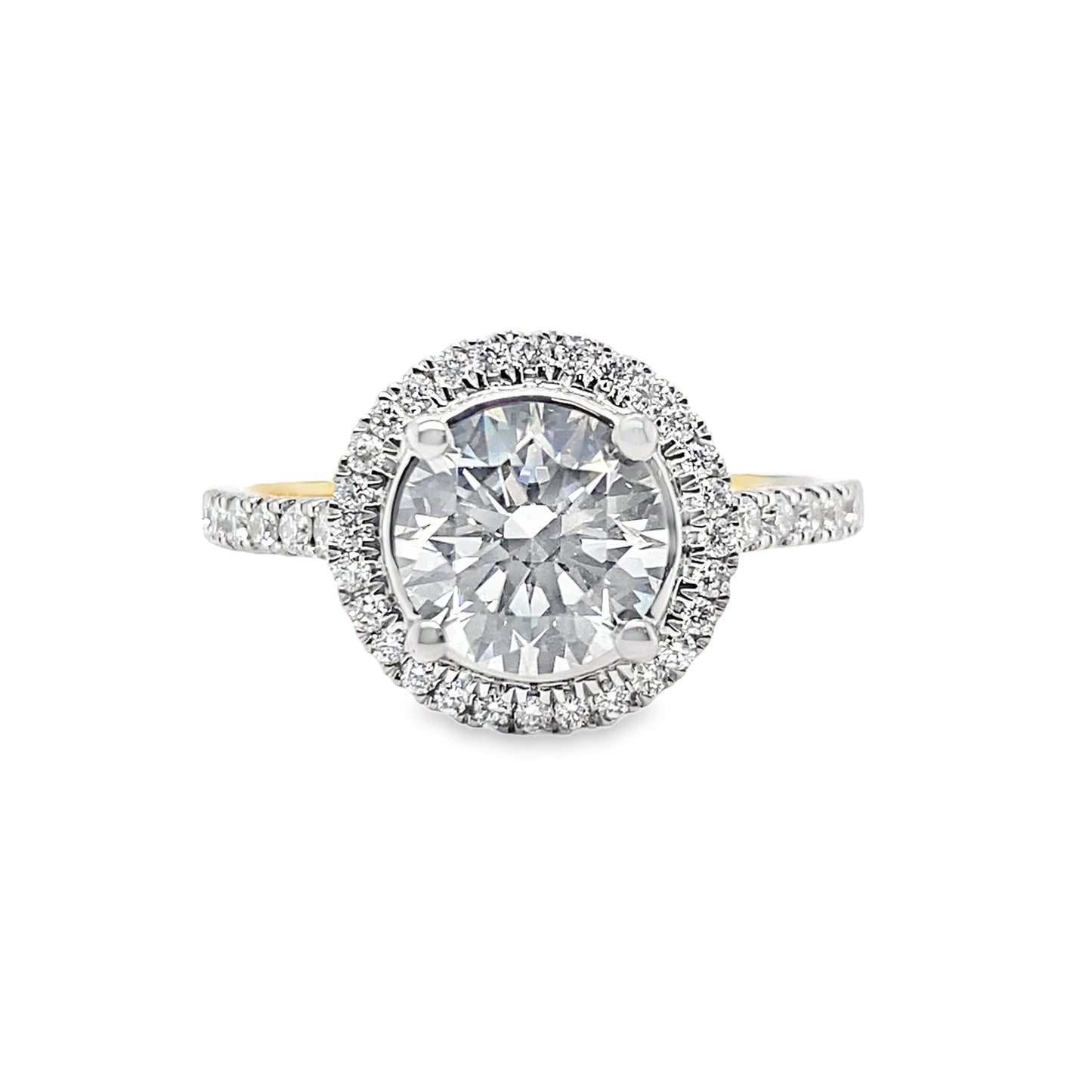 18ct Round Solitaire Cultured Diamond Ring with Cultured Diamond Set Halo and Shoulders 1.85ct
