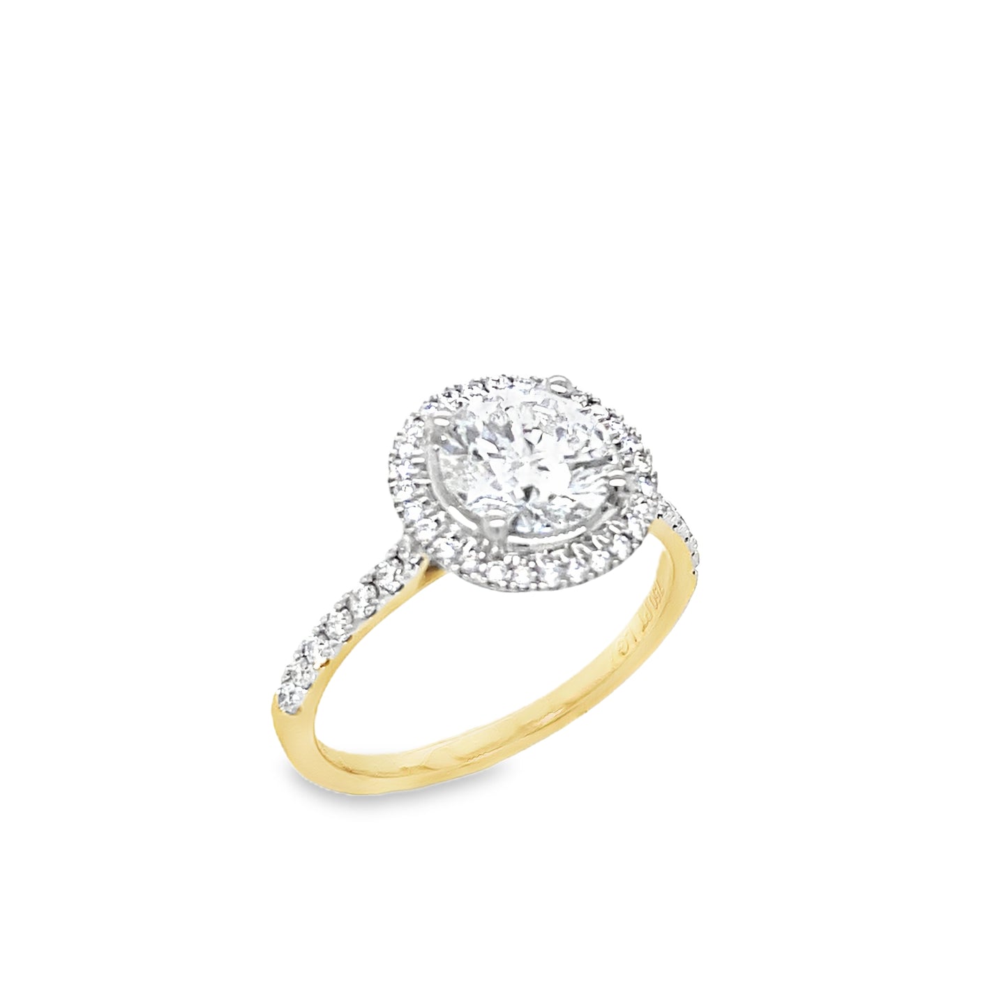 18ct Round Solitaire Cultured Diamond Ring with Cultured Diamond Set Halo and Shoulders 1.85ct