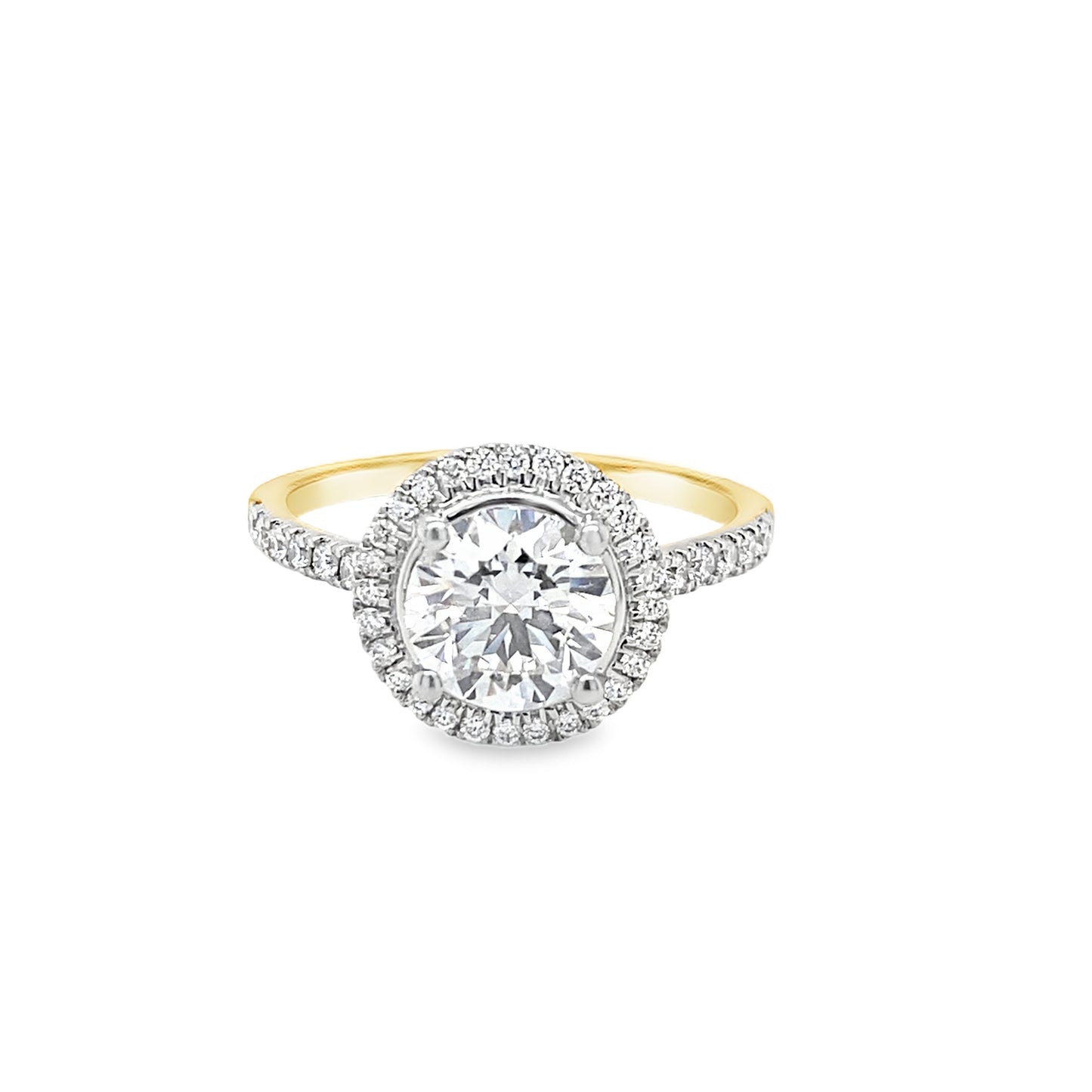 18ct Round Solitaire Cultured Diamond Ring with Cultured Diamond Set Halo and Shoulders 1.85ct
