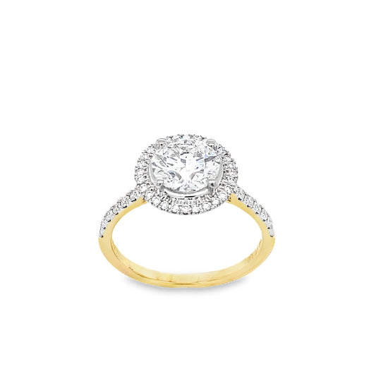 18ct Round Solitaire Cultured Diamond Ring with Cultured Diamond Set Halo and Shoulders 1.85ct