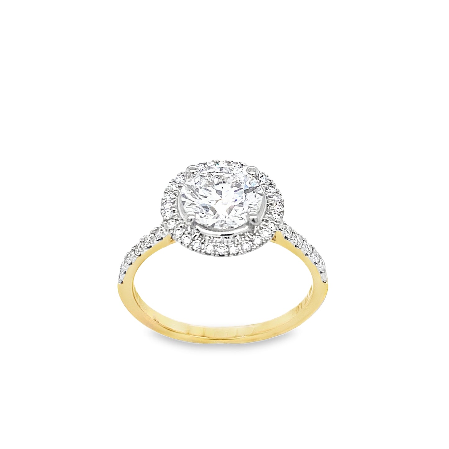 18ct Round Solitaire Cultured Diamond Ring with Cultured Diamond Set Halo and Shoulders 1.85ct