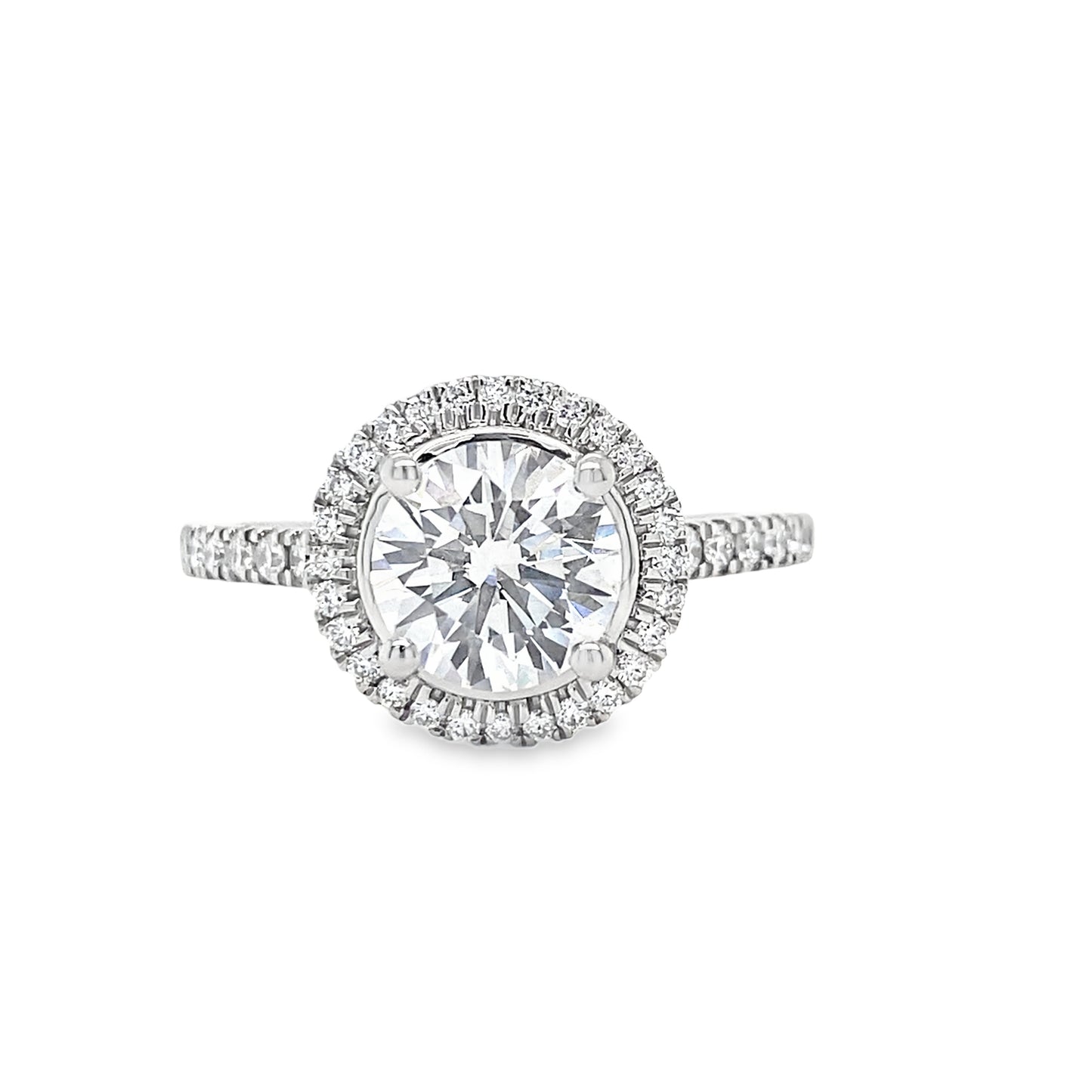 Platinum Round Solitaire Cultured Diamond Ring with Cultured Diamond Set Halo and Shoulders 1.85ct