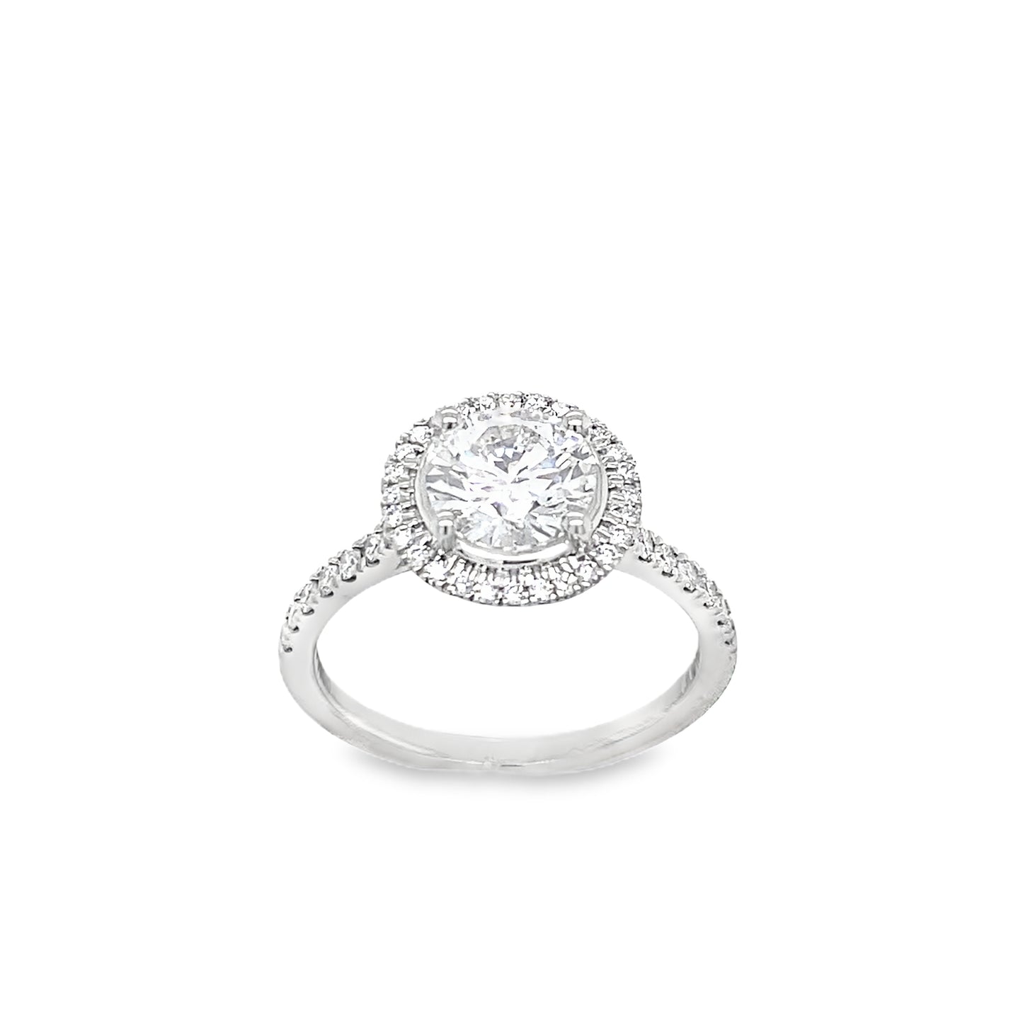 Platinum Round Solitaire Cultured Diamond Ring with Cultured Diamond Set Halo and Shoulders 1.85ct