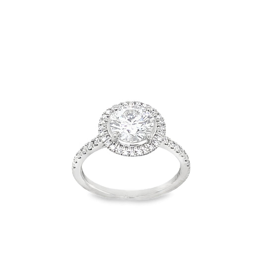Platinum Round Solitaire Cultured Diamond Ring with Cultured Diamond Set Halo and Shoulders 1.85ct