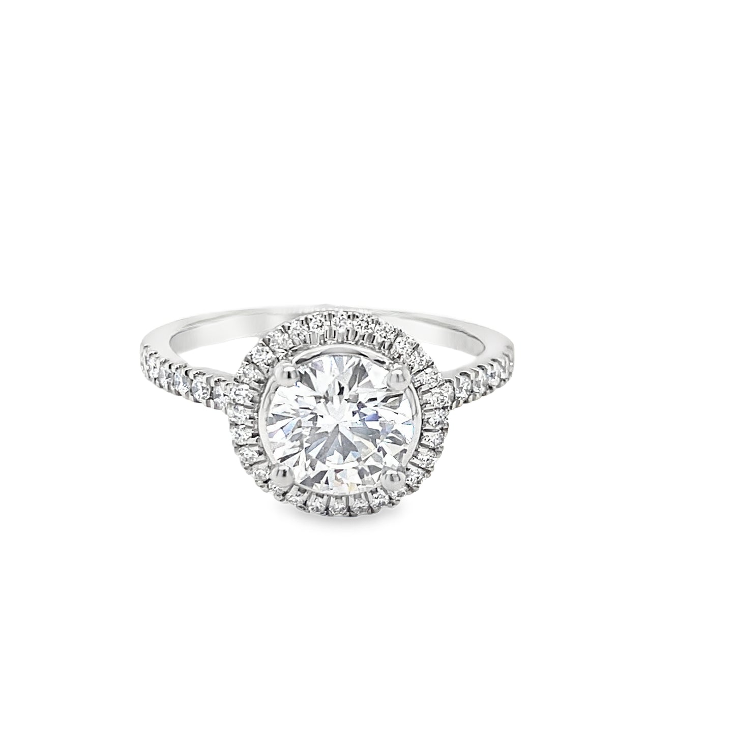 Platinum Round Solitaire Cultured Diamond Ring with Cultured Diamond Set Halo and Shoulders 1.85ct