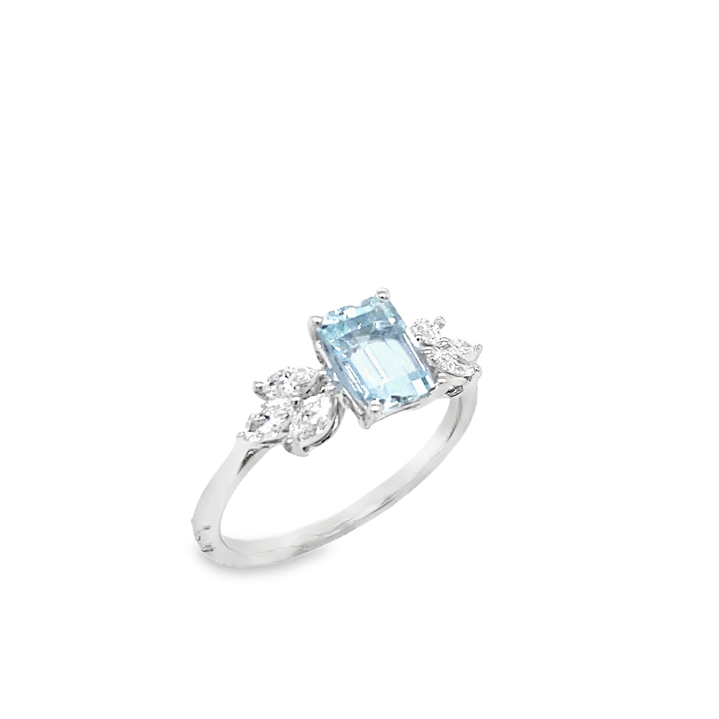 9ct White Gold Emerald Cut Aquamarine Ring with Marquis Cut Diamond Set Shoulders .28ct