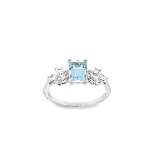 9ct White Gold Emerald Cut Aquamarine Ring with Marquis Cut Diamond Set Shoulders .28ct