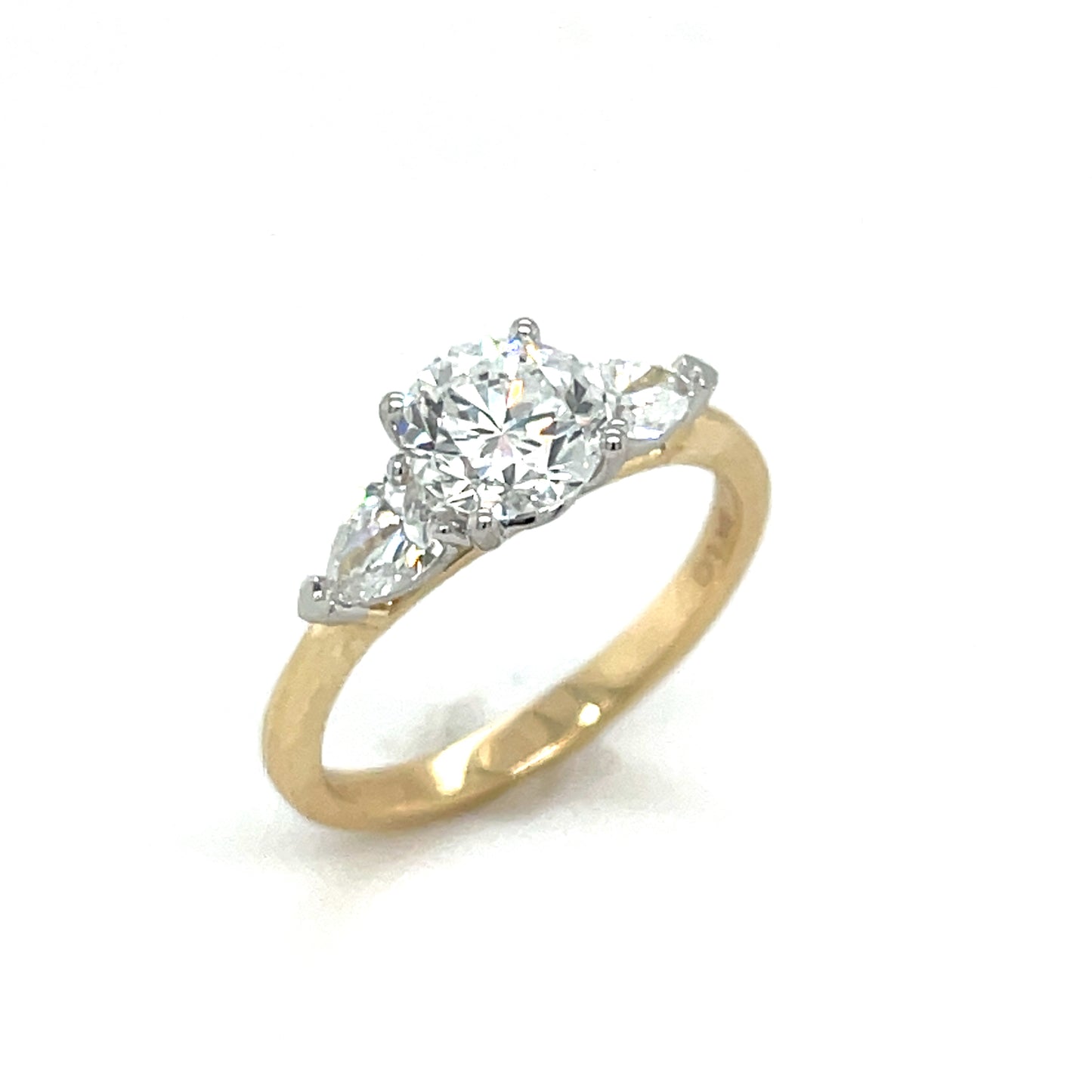 9ct Yellow Gold Three Stone Round and Pear Cut Cultured Diamond Ring 1.50ct