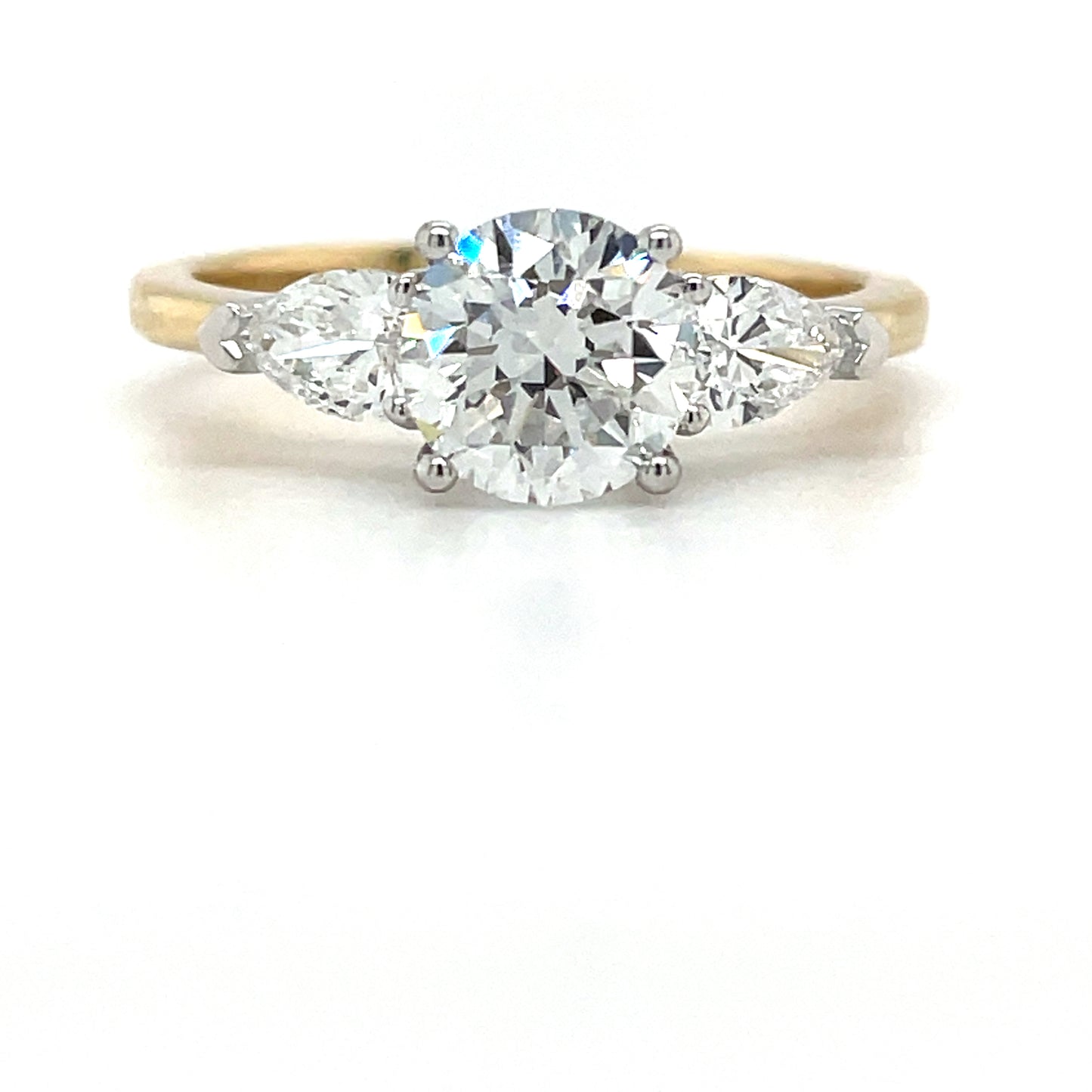 9ct Yellow Gold Three Stone Round and Pear Cut Cultured Diamond Ring 1.50ct