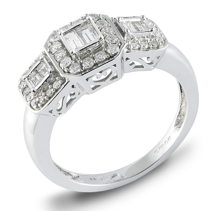 9ct White Gold Three Stone Cluster .50ct Diamond Ring