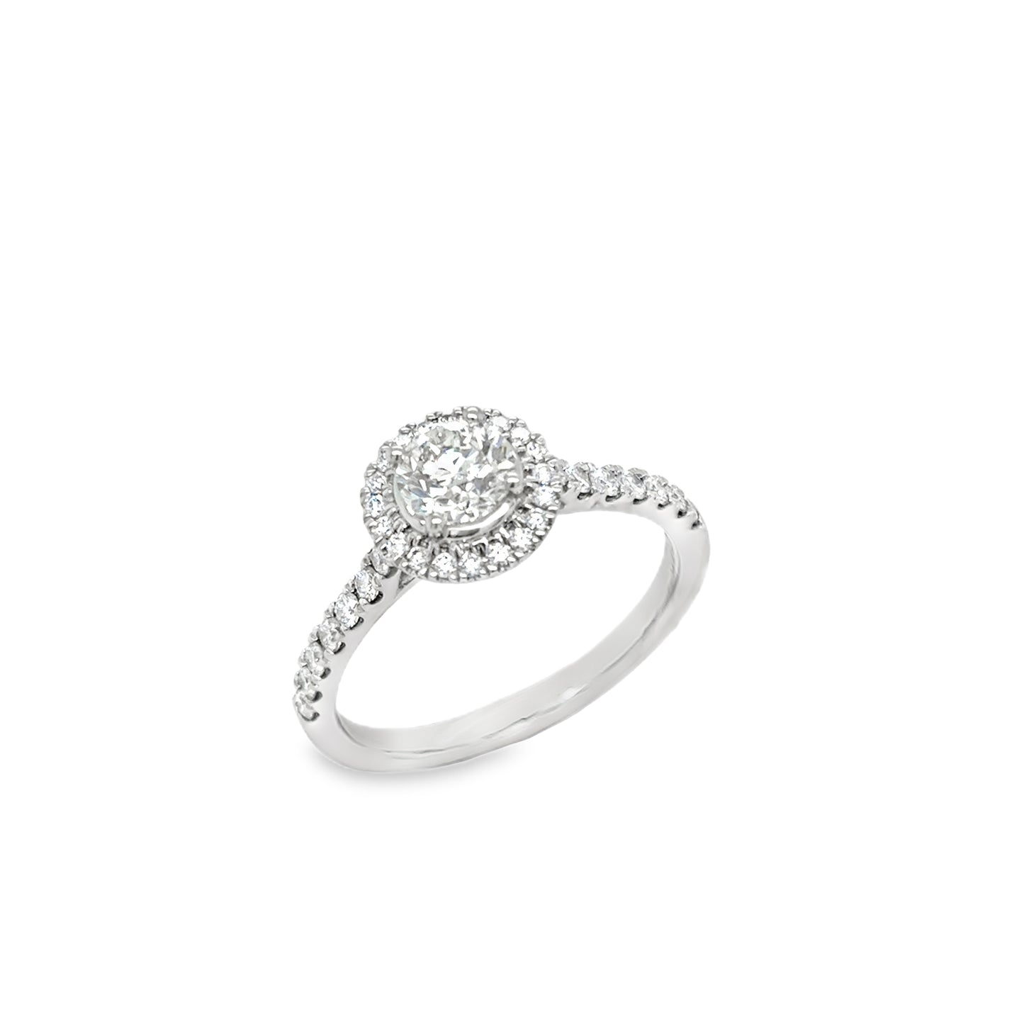 Platinum Round Brilliant Diamond Ring with Diamond Set Halo and Shoulders .80ct
