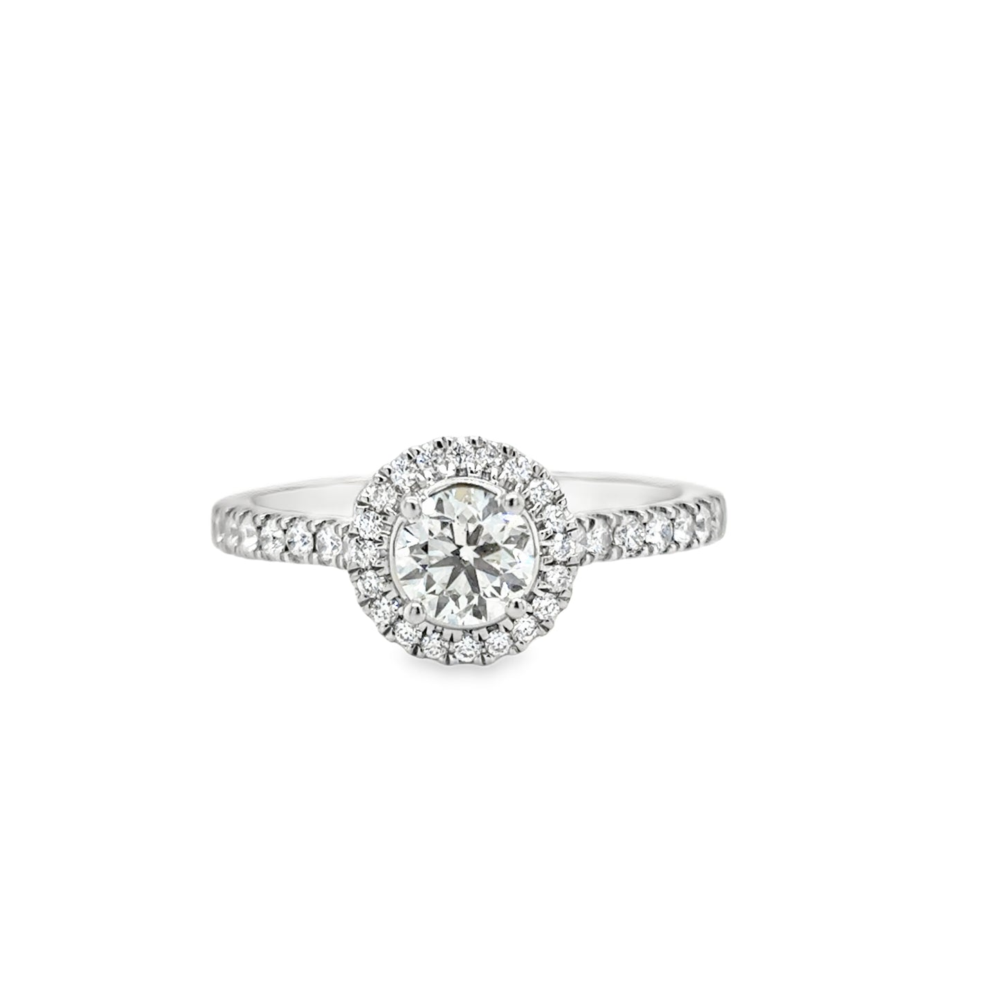 Platinum Round Brilliant Diamond Ring with Diamond Set Halo and Shoulders .80ct
