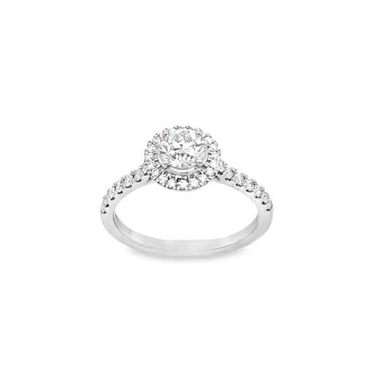 Platinum Round Brilliant Diamond Ring with Diamond Set Halo and Shoulders .80ct