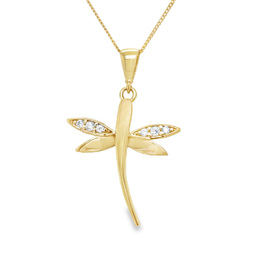 9ct Yellow Gold CZ and Polished Dragonfly Pendant
