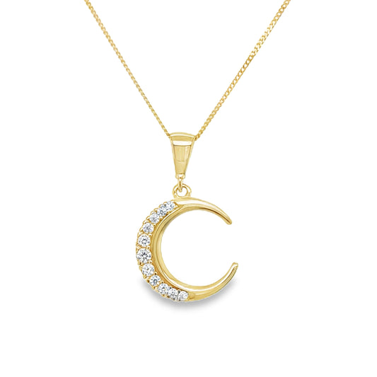 9ct Yellow Gold CZ Set Crescent Moon Pendant