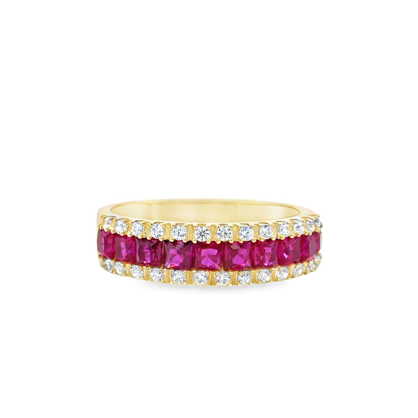 9ct Yellow Gold Three Row White and Red CZ Ring