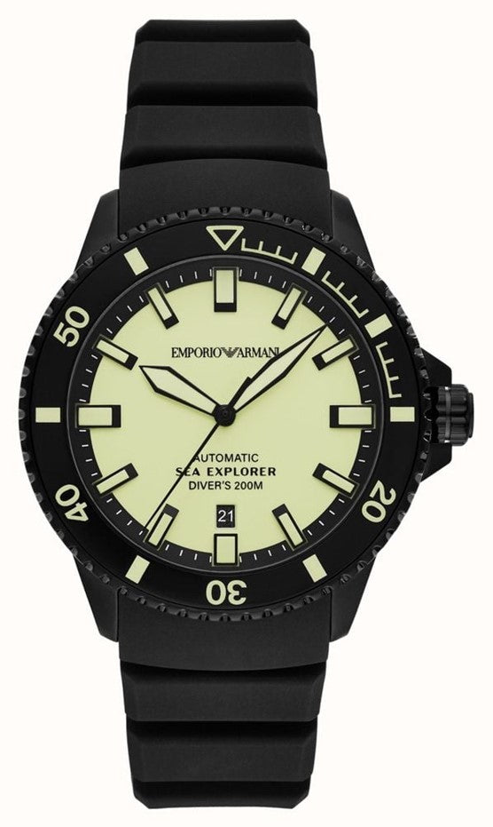 Gents Stainless Steel Armani Sea Explorer Automatic Watch With Black Strap