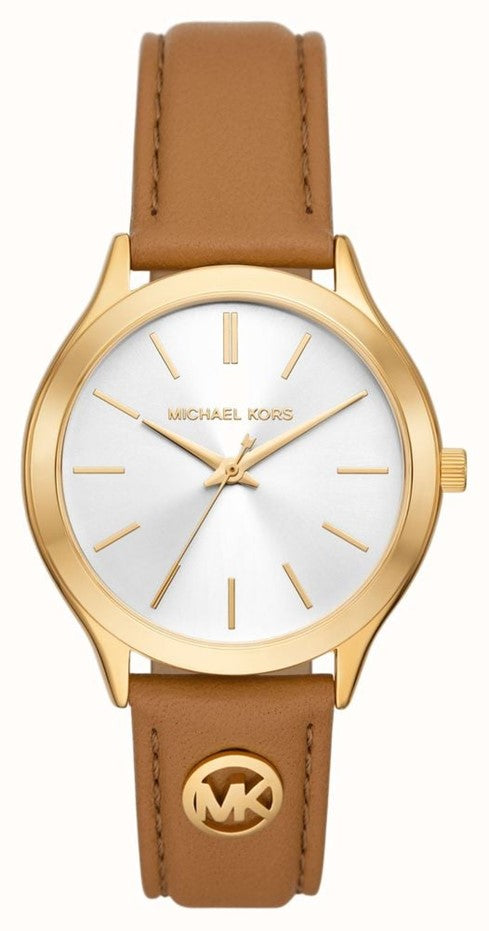 Ladies Rolled Gold Michael Kors Slim Runway 38mm Brown Strap Watch