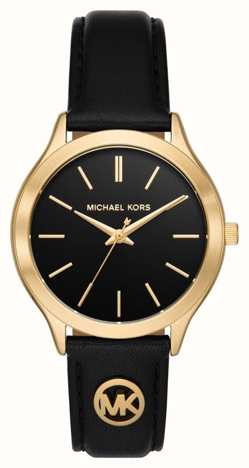 Ladies Rolled Gold Michael Kors Slim Runway 38mm Black Strap Watch