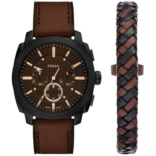 Gents Fossil Machine Chrono Black Dial Watch with Leather Bracelet Set