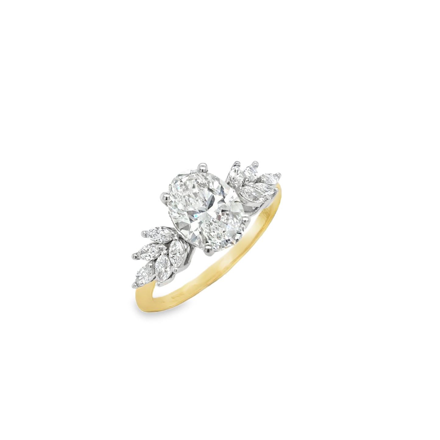 18ct Yellow Gold Oval Solitaire Cultured Diamond Ring with Marquis Shoulders 2.40ct