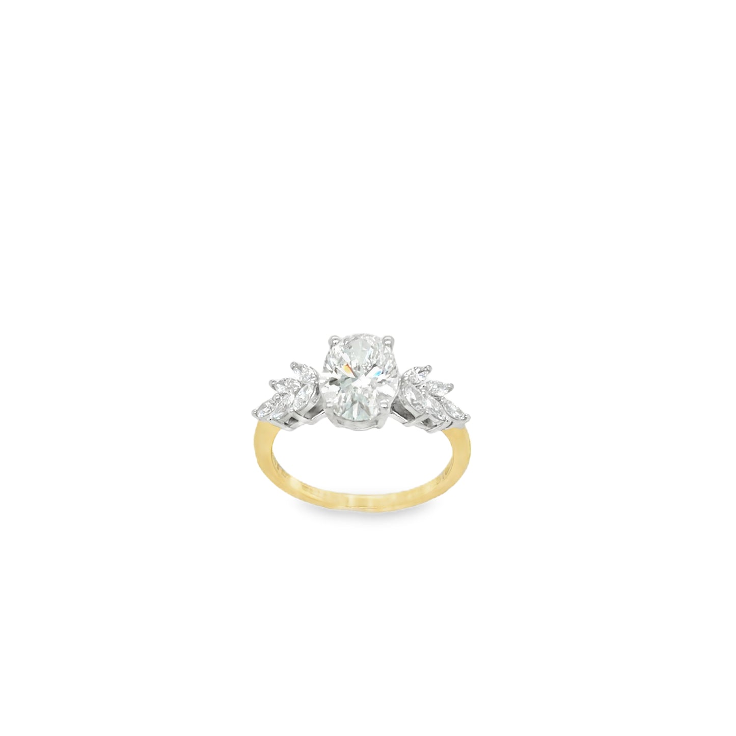 18ct Yellow Gold Oval Solitaire Cultured Diamond Ring with Marquis Shoulders 2.40ct