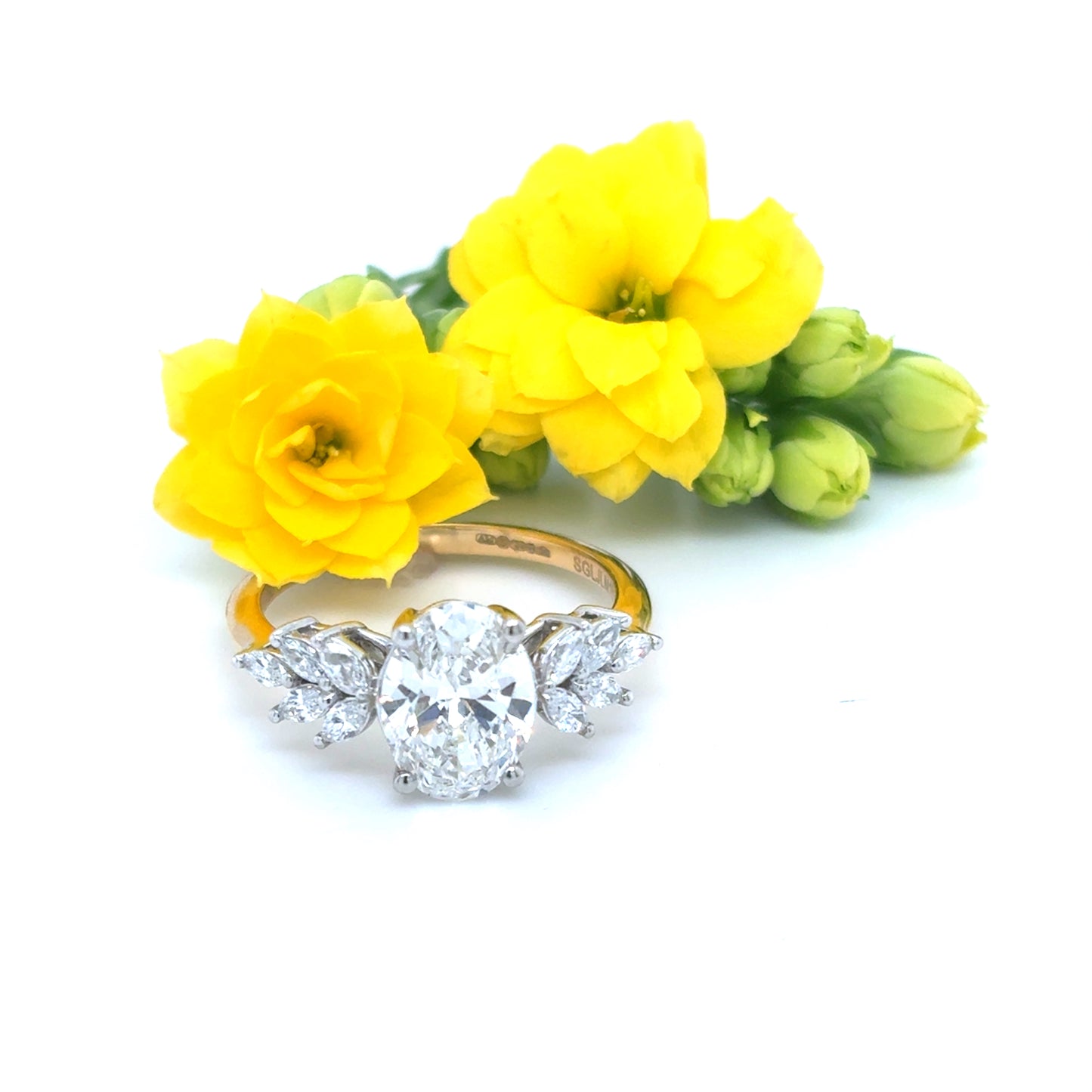 18ct Yellow Gold Oval Solitaire Cultured Diamond Ring with Marquis Shoulders 2.40ct