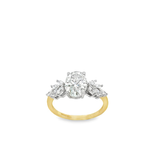 18ct Yellow Gold Oval Solitaire Cultured Diamond Ring with Marquis Shoulders 2.40ct