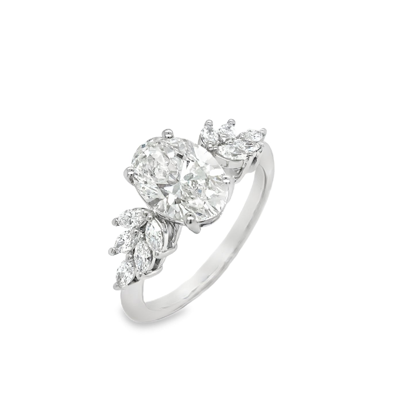 Platinum Oval Solitaire Cultured Diamond Ring with Marquis Shoulders 2.40ct