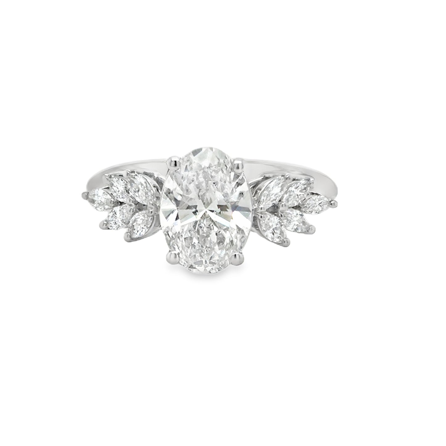 Platinum Oval Solitaire Cultured Diamond Ring with Marquis Shoulders 2.40ct