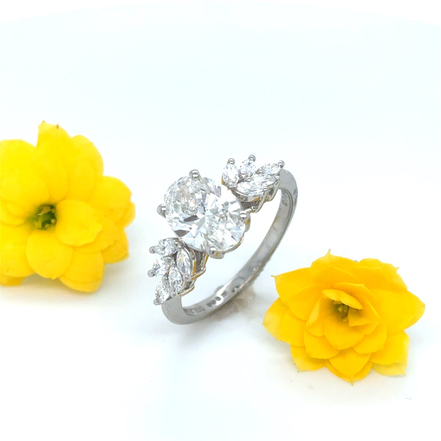 Platinum Oval Solitaire Cultured Diamond Ring with Marquis Shoulders 2.40ct
