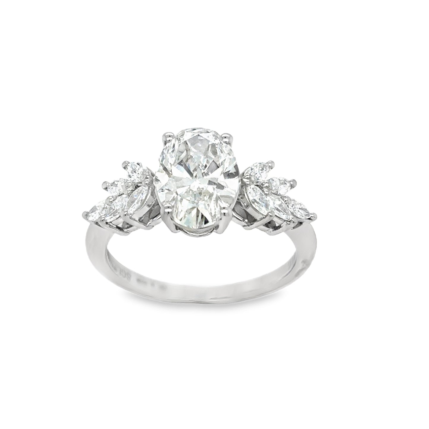 Platinum Oval Solitaire Cultured Diamond Ring with Marquis Shoulders 2.40ct