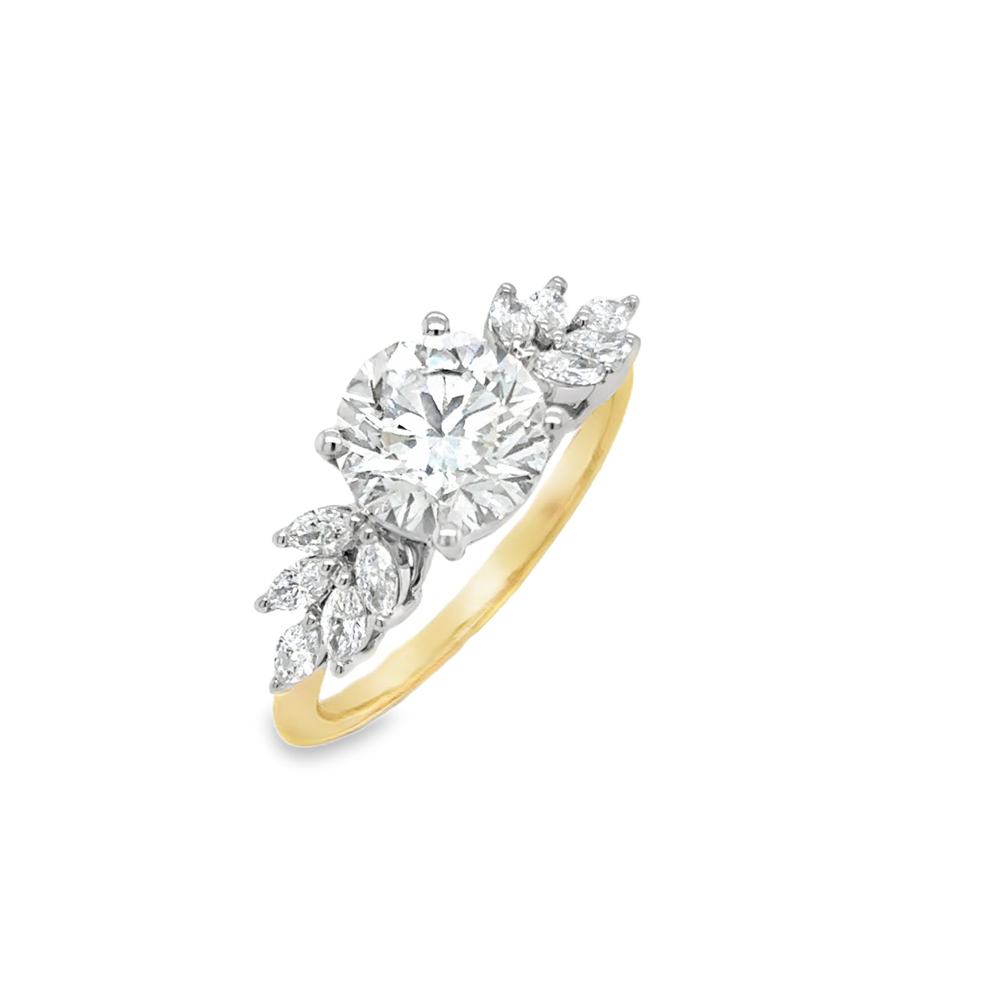 18ct Yellow Gold Round Brilliant Solitaire Cultured Diamond Ring with Marquis Shoulders 2.40ct